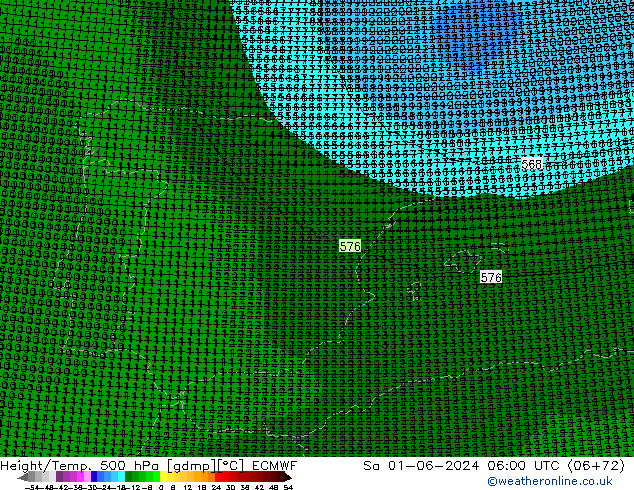 Hoogte/Temp. 500 hPa ECMWF za 01.06.2024 06 UTC