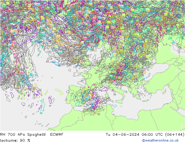 RH 700 hPa Spaghetti ECMWF mar 04.06.2024 06 UTC