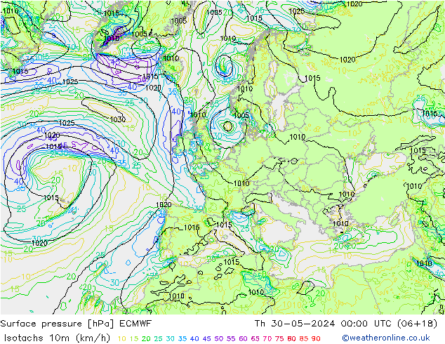 Izotacha (km/godz) ECMWF czw. 30.05.2024 00 UTC