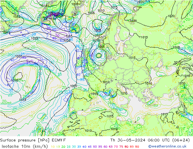 Isotachen (km/h) ECMWF do 30.05.2024 06 UTC