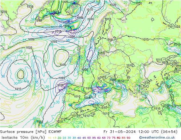 Isotachs (kph) ECMWF ven 31.05.2024 12 UTC