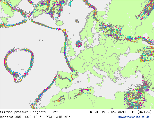 pressão do solo Spaghetti ECMWF Qui 30.05.2024 06 UTC