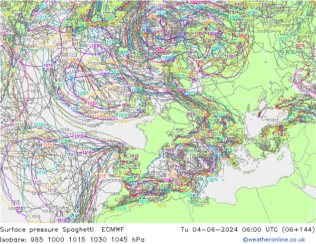 Surface pressure Spaghetti ECMWF Tu 04.06.2024 06 UTC