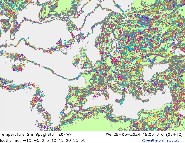 Temperatura 2m Spaghetti ECMWF mié 29.05.2024 18 UTC