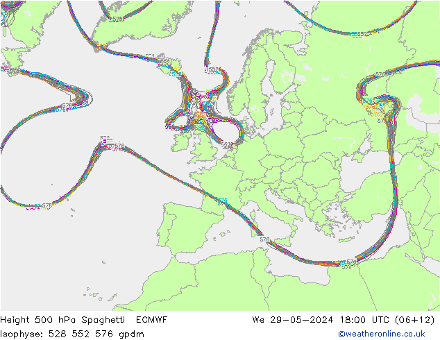 Height 500 гПа Spaghetti ECMWF ср 29.05.2024 18 UTC