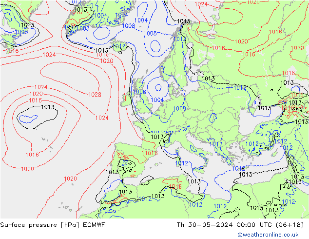 Presión superficial ECMWF jue 30.05.2024 00 UTC