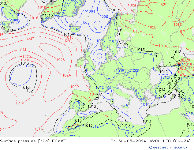 Pressione al suolo ECMWF gio 30.05.2024 06 UTC