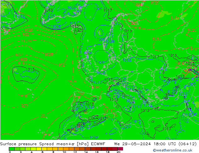 Surface pressure Spread ECMWF We 29.05.2024 18 UTC