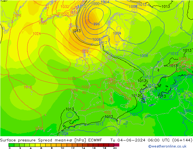 Pressione al suolo Spread ECMWF mar 04.06.2024 06 UTC