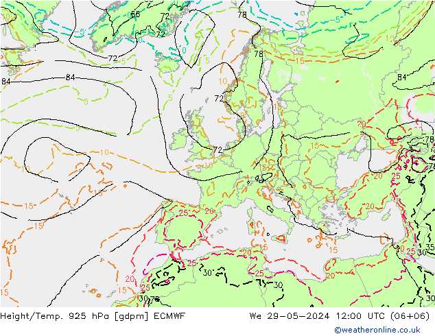 Height/Temp. 925 hPa ECMWF śro. 29.05.2024 12 UTC