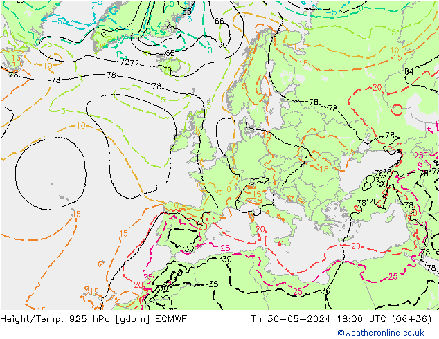 Height/Temp. 925 hPa ECMWF Th 30.05.2024 18 UTC