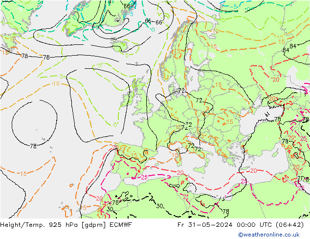 Hoogte/Temp. 925 hPa ECMWF vr 31.05.2024 00 UTC