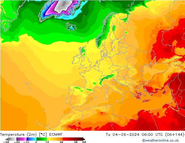 Temperature (2m) ECMWF Tu 04.06.2024 06 UTC