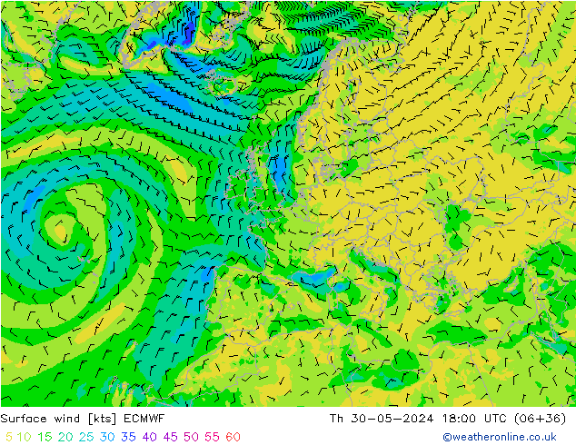 Viento 10 m ECMWF jue 30.05.2024 18 UTC