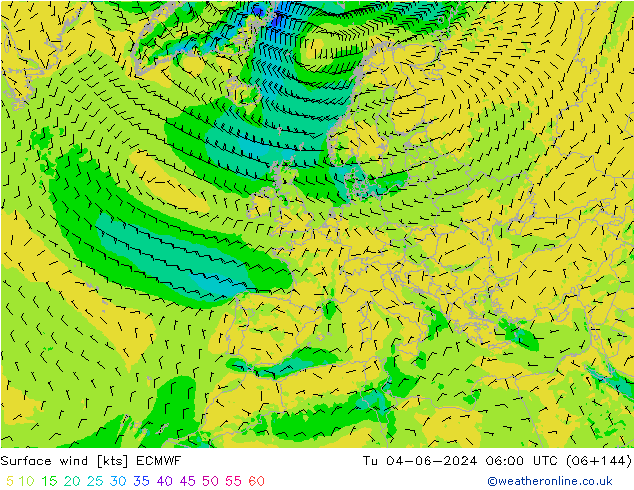 Surface wind ECMWF Út 04.06.2024 06 UTC