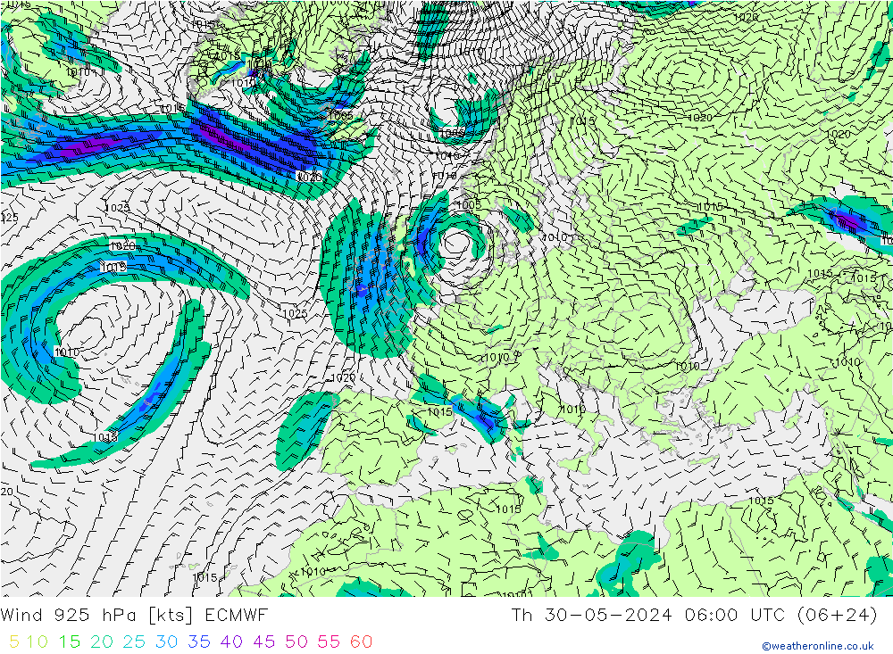 Wind 925 hPa ECMWF Čt 30.05.2024 06 UTC