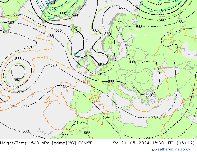 Height/Temp. 500 hPa ECMWF śro. 29.05.2024 18 UTC