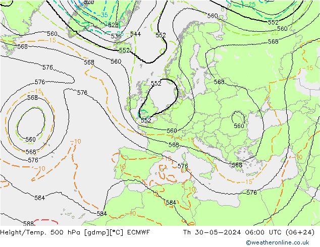 Height/Temp. 500 hPa ECMWF Čt 30.05.2024 06 UTC