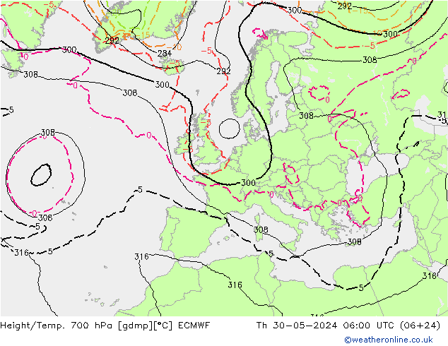 Geop./Temp. 700 hPa ECMWF jue 30.05.2024 06 UTC