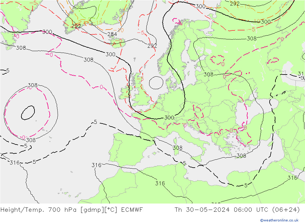 Height/Temp. 700 hPa ECMWF Th 30.05.2024 06 UTC