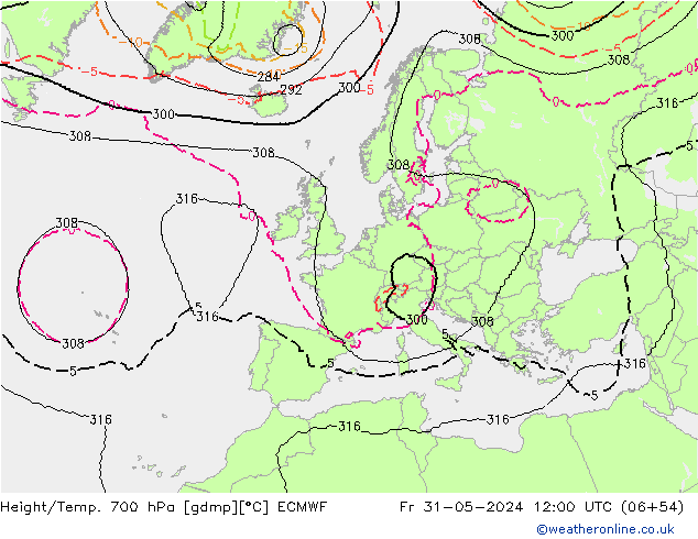 Height/Temp. 700 hPa ECMWF ven 31.05.2024 12 UTC