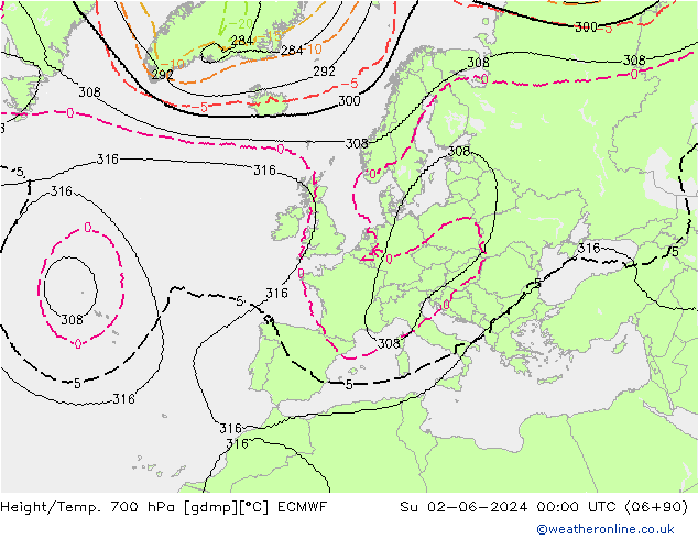 Height/Temp. 700 hPa ECMWF dom 02.06.2024 00 UTC