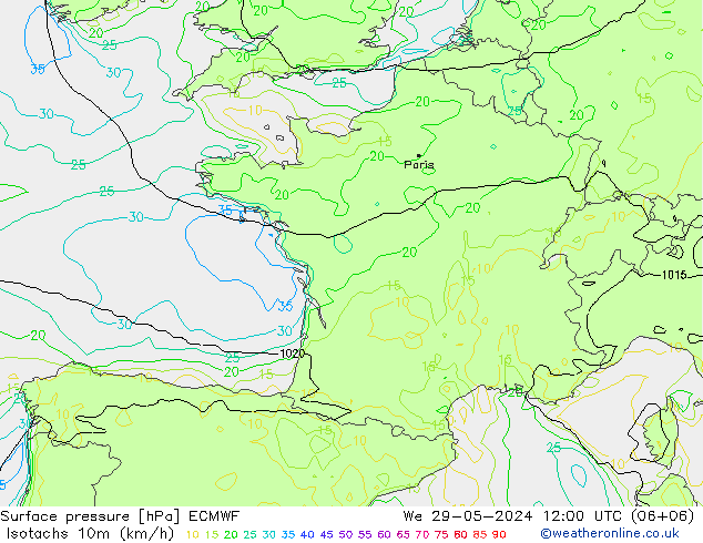 Isotachs (kph) ECMWF  29.05.2024 12 UTC