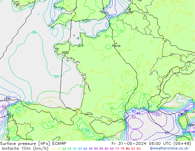 Eşrüzgar Hızları (km/sa) ECMWF Cu 31.05.2024 06 UTC