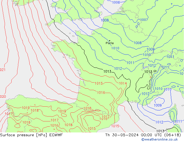 Presión superficial ECMWF jue 30.05.2024 00 UTC