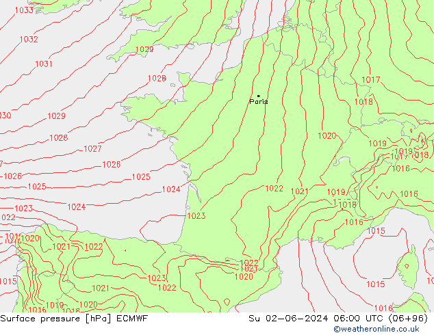 Atmosférický tlak ECMWF Ne 02.06.2024 06 UTC