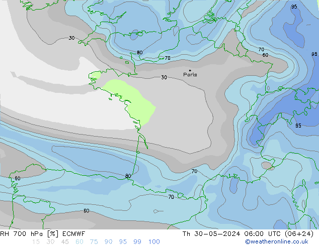 RH 700 hPa ECMWF Čt 30.05.2024 06 UTC