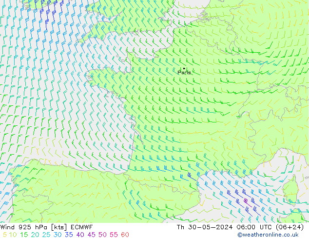 Wind 925 hPa ECMWF Čt 30.05.2024 06 UTC