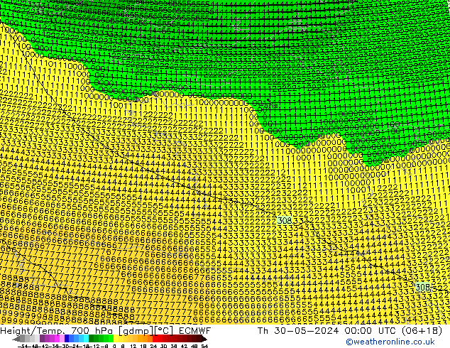 Geop./Temp. 700 hPa ECMWF jue 30.05.2024 00 UTC