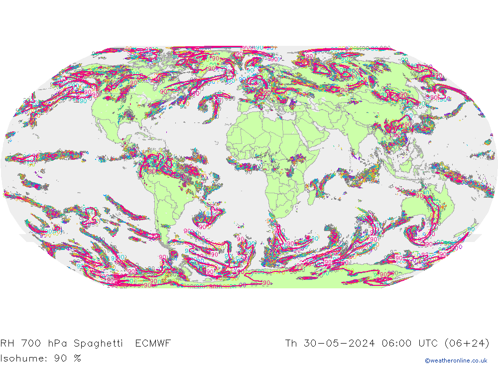 Humedad rel. 700hPa Spaghetti ECMWF jue 30.05.2024 06 UTC