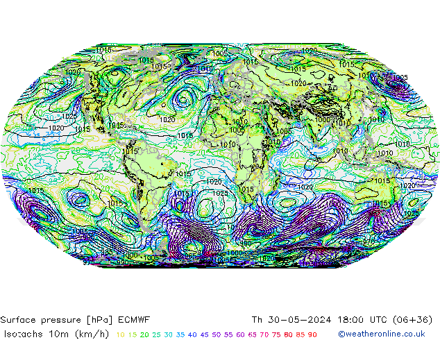 Isotachs (kph) ECMWF Qui 30.05.2024 18 UTC