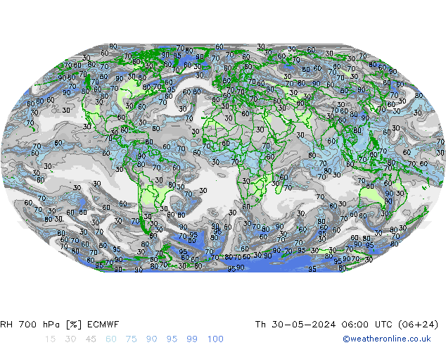 RH 700 hPa ECMWF Čt 30.05.2024 06 UTC