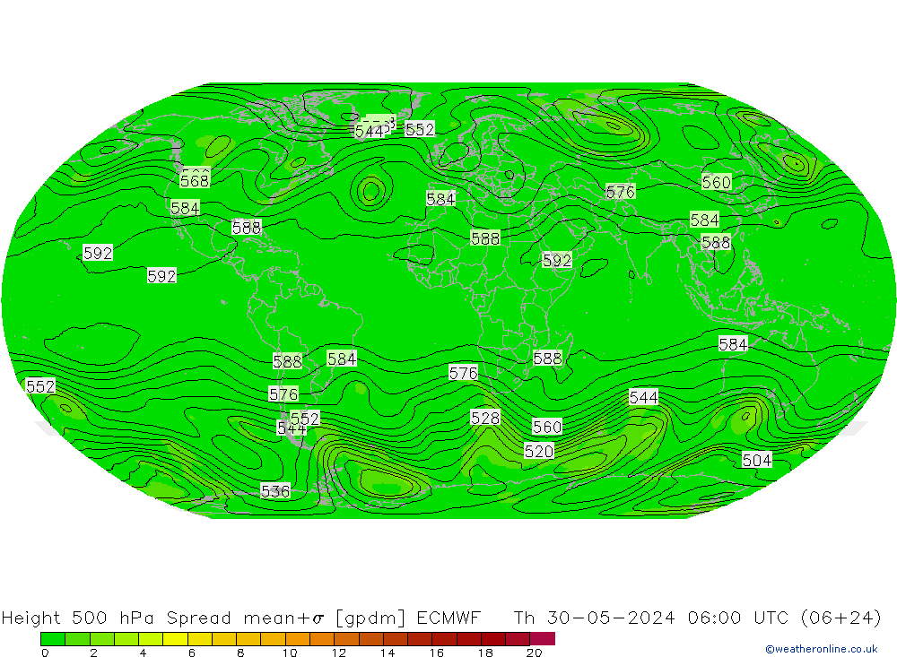 Geop. 500 hPa Spread ECMWF jue 30.05.2024 06 UTC