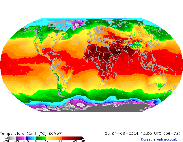 mapa temperatury (2m) ECMWF so. 01.06.2024 12 UTC