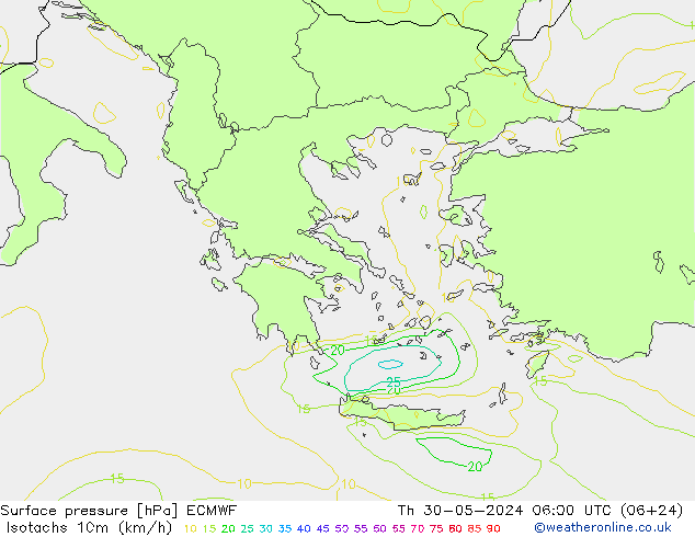 Isotachen (km/h) ECMWF do 30.05.2024 06 UTC