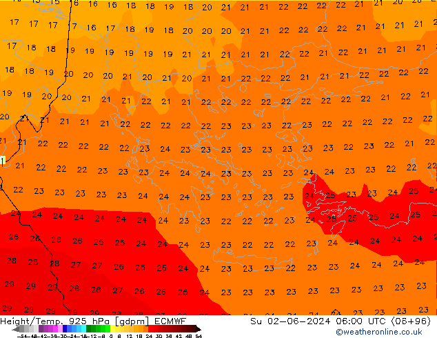 Height/Temp. 925 hPa ECMWF Su 02.06.2024 06 UTC