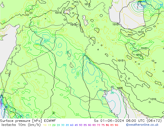 Isotachs (kph) ECMWF Sa 01.06.2024 06 UTC