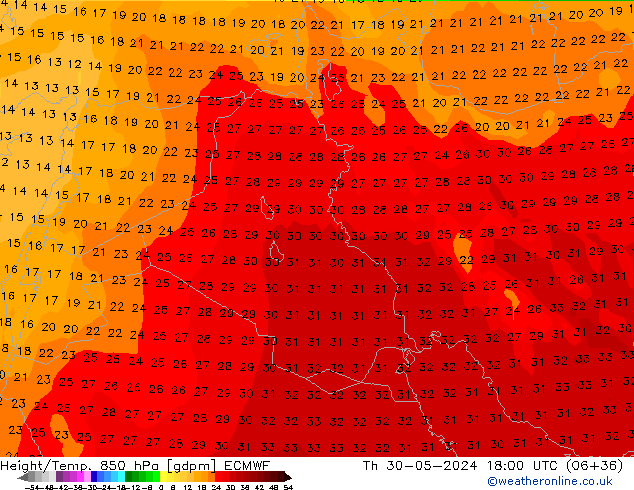 Height/Temp. 850 hPa ECMWF Th 30.05.2024 18 UTC