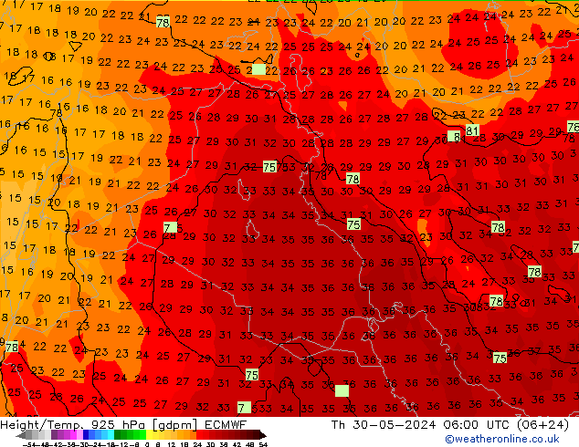 Height/Temp. 925 hPa ECMWF Th 30.05.2024 06 UTC