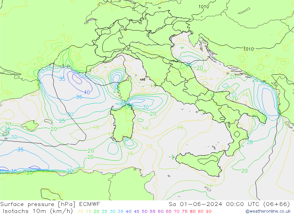 Isotachs (kph) ECMWF Sáb 01.06.2024 00 UTC