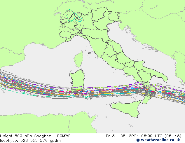 Geop. 500 hPa Spaghetti ECMWF vie 31.05.2024 06 UTC