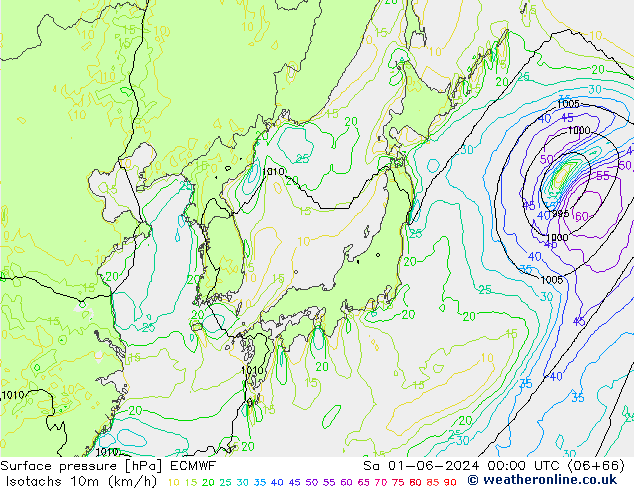 Isotachs (kph) ECMWF  01.06.2024 00 UTC