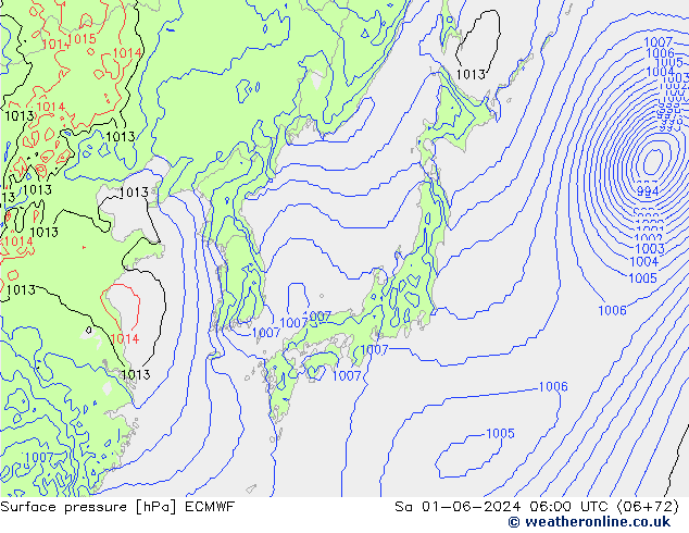 Surface pressure ECMWF Sa 01.06.2024 06 UTC