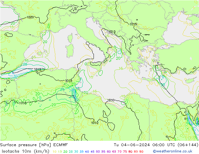 Isotachs (kph) ECMWF Tu 04.06.2024 06 UTC