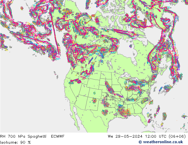 Humidité rel. 700 hPa Spaghetti ECMWF mer 29.05.2024 12 UTC