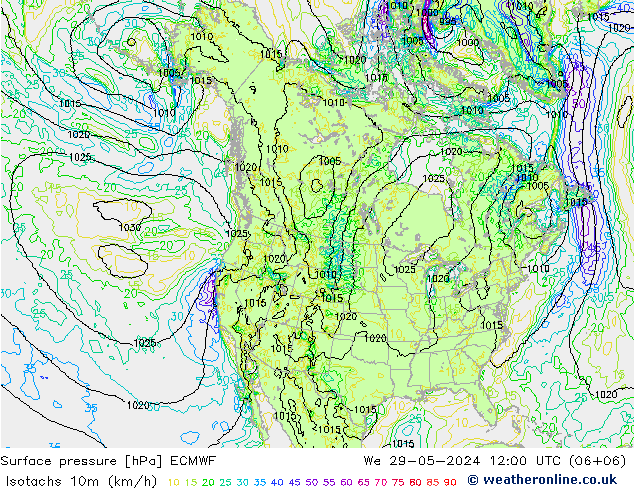 Izotacha (km/godz) ECMWF śro. 29.05.2024 12 UTC